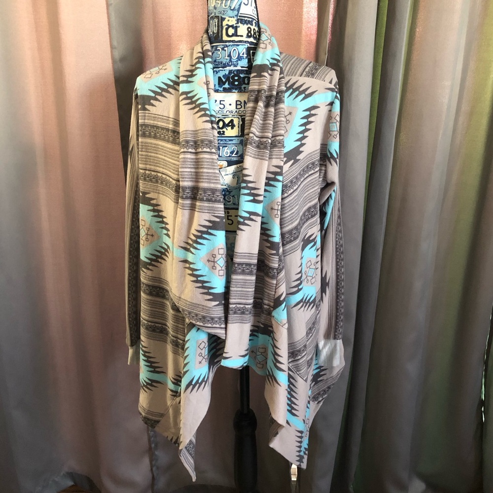Boho Aztec Draped Open Cardigan Sweater - Light Blue & Gray